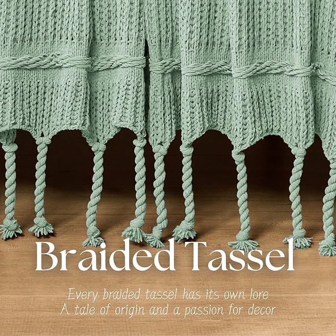 Boho Knitted Chenille Blanket with Tassels - Lightweight & Soft All-Season Throw - 3D Classic Pattern for Living Room Bedroom Couch, Sage Green, Twin 60"x80"
