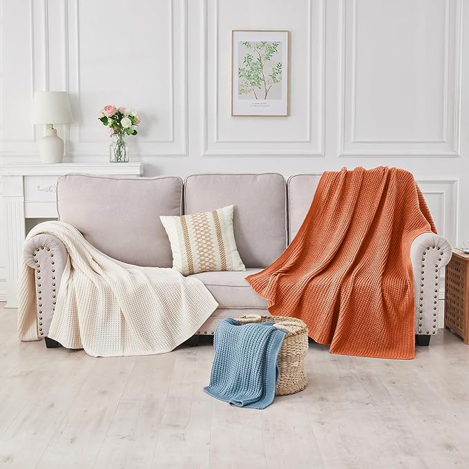 Douceur Rust Orange Throw Blanket for Bed, Soft Chunky Cable Knit Throw Blanket, Classic Fisherman's Rib Stitch Pattern Throw for Living Room,60"X80"