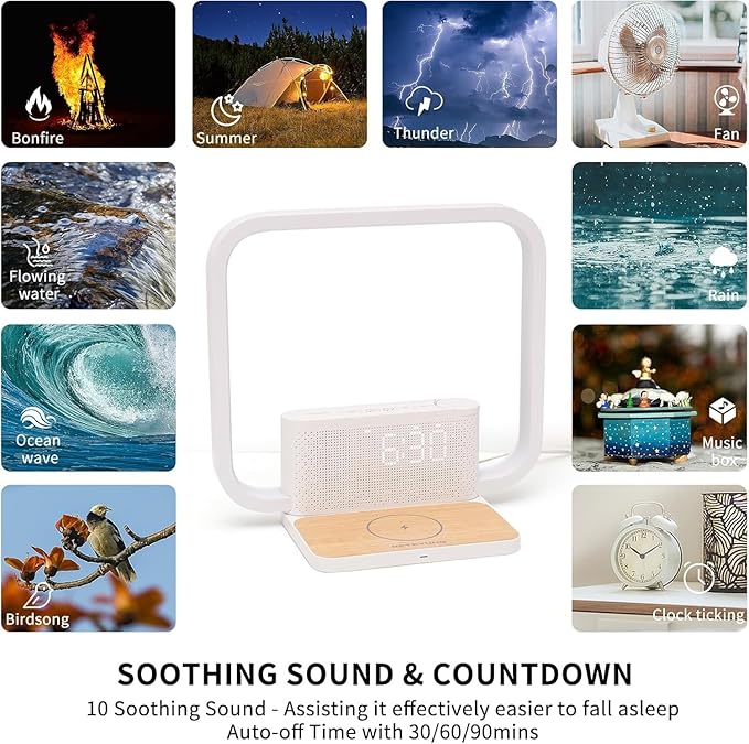 RETEYUNG Sunrise Alarm Clock for Heavy Sleepers,Touch Desk Lamps for Nightstand with Wireless Charger Station for iPhone/Samsung,Sound Machine,Wake Up Light/Snooze/Timer/10 Natural Sounds/3 Dimmable