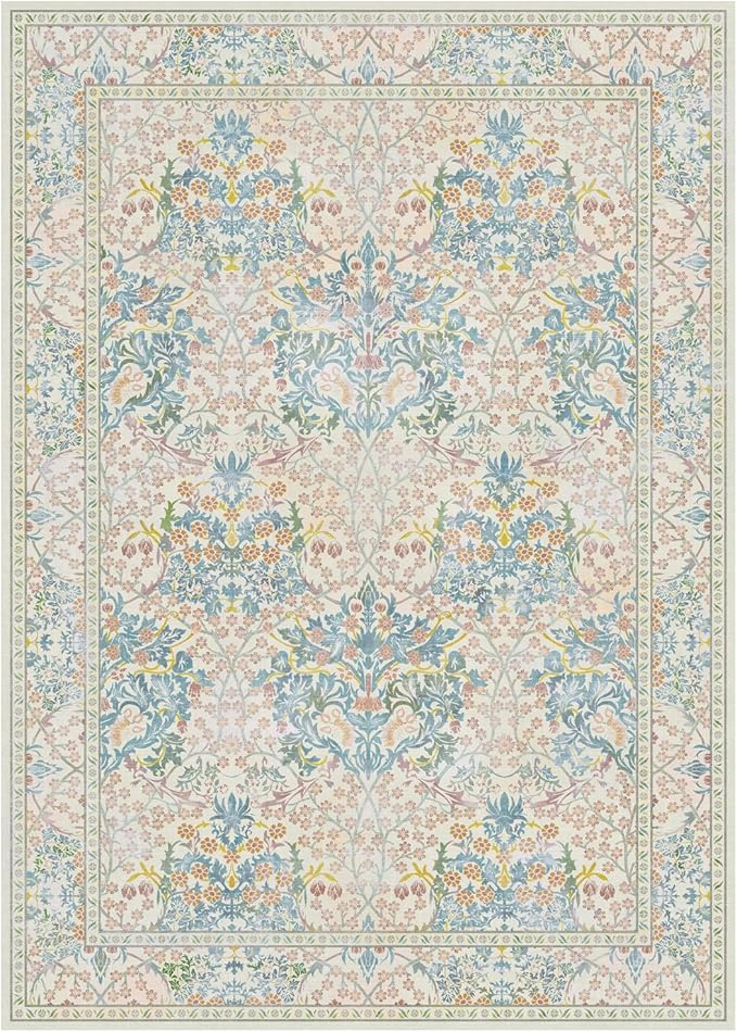 Lessymo Floral Washable Rugs 8x10, Faux Wool Soft Area Rugs for Living Room Bedroom, Boho Non-Slip Forest Stain Resistance Large Carpet for Dining Room Home Office, Beige Brown