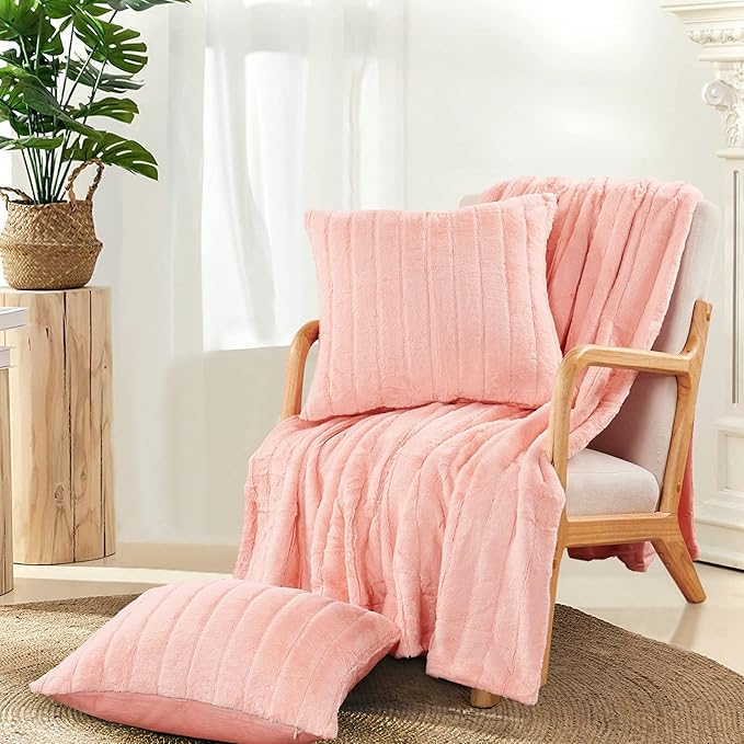 Striped Throw Blanket and Pillow Covers Set (No Inserts) for Couch and Bed, Plush Warm Lightweight Fuzzy Faux Fur Blanket for All Seasons (60" x 80", Pink)
