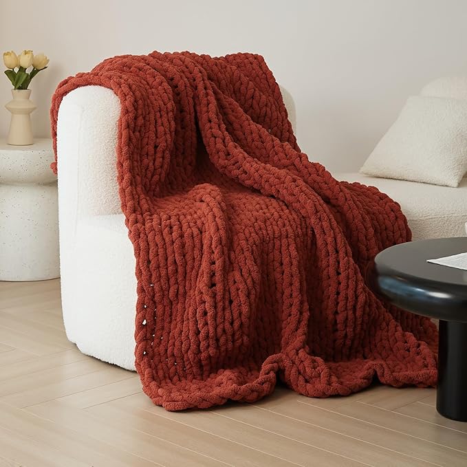 WESHIONGOO Chunky Knit Blanket Throw Knitted Throw Blankets for Couch Bed Fluffy Soft Blanket with Jumbo Chenille Yarn Thick 100% Handmade(Rust, 51"×63")