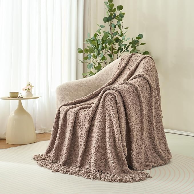 Throw Blanket for Couch, Taupe Tan Luxury Knitted Throws 50"x60", Textured Blankets with Handmade Fringe Tassels for Bed Sofa Decorative, Chunky Soft Farmhouse Boho Home Decor