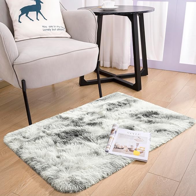 Noahas Door Mat Indoor Entrance,2x3 Shaggy Small Tie-Dyed Grey and White Area Rugs for Entryway,Non-Slip Fluffy Entry Bedroom Rug,Soft Plush Bedside Throw Kids Carpet