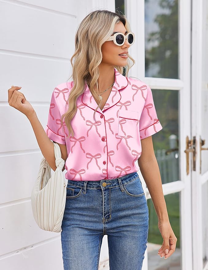 Ekouaer Womens Silk Satin Pajama Sets 2 Piece Button Down Silk Pjs Shorts Sets Cute Print Short Sleeve Sleepwear S-4XL