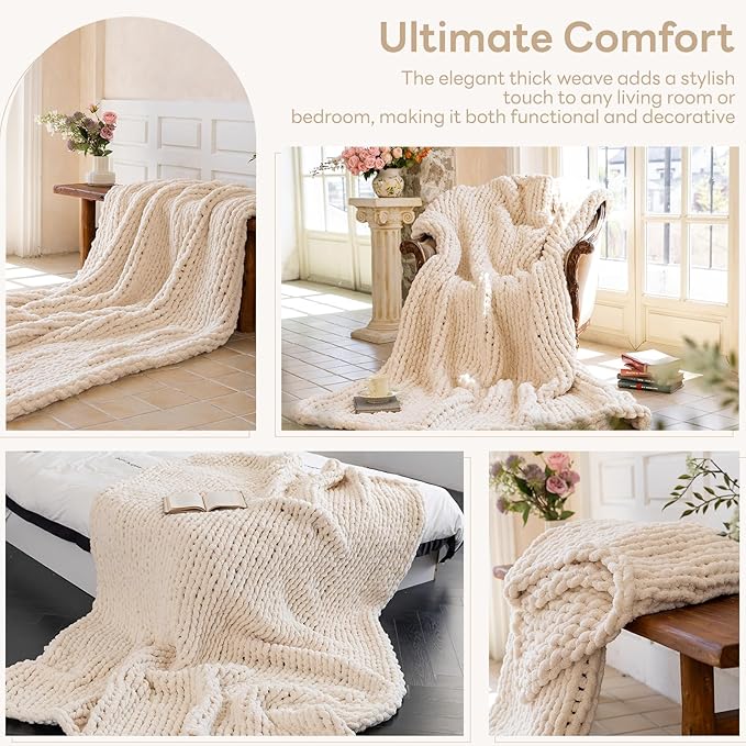 Chunky Knit Blanket - Luxury Soft Cozy 40 * 50 Throw Blanket,100% Woven Blanket Rope Knot Throw Blanket for Couch, Sofa, Home Decor, Gift - Machine Washable (Cream, 40 * 50)
