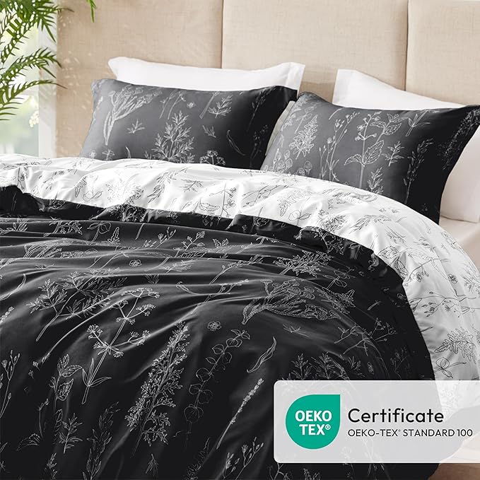Love's cabin King Size Comforter Set Black - King Comforter Set, 3 Pieces Cute Floral Bedding Sets for All Seasons,1 Soft Reversible Botanical Flowers Comforter and 2 Pillow Shams