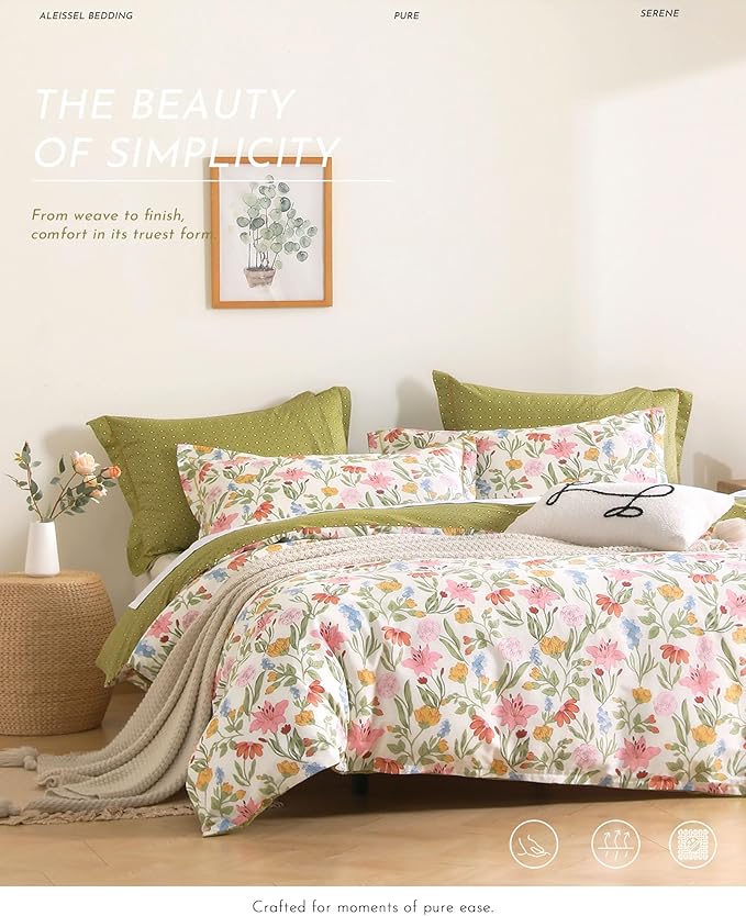 ALEISSEL Luxurious Cotton 3pcs Floral Comforter Sets Queen Size - Blush, Yellow & Blue Spring Garden Floral Prints on White, Warm Olive Green Reverse,Vintage Lightweight Bedding Sets(Queen 90"×90")