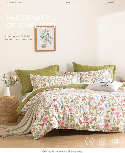 ALEISSEL Luxurious Cotton 3pcs Floral Comforter Sets King Size - Blush, Yellow & Blue Spring Garden Floral Prints on White, Warm Olive Green Reverse,Vintage Lightweight Bedding Sets(King 104"×90")