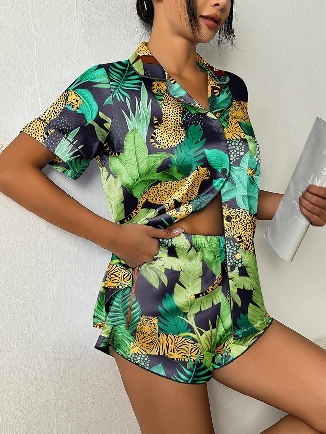 Ekouaer Womens Silk Satin Pajama Set Print Short Sleeve Sleepwear Button Down Pjs Shorts Set Loungewear