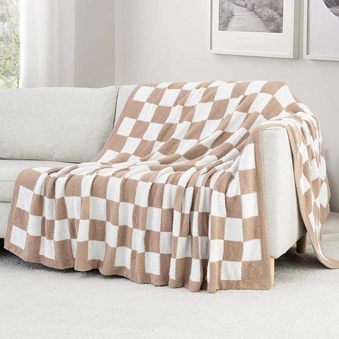Carriediosa Checkered Throw Blanket 90" X 90" Queen, 400GSM Ultra Soft Microfiber Fuzzy Fluffy Reversible Cute Preppy Knitted Blankets Cozy Plush Fall Throws for Couch, Bed, Sofa, Taupe