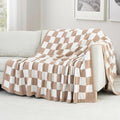 Carriediosa Checkered Throw Blanket 90" X 90" Queen, 400GSM Ultra Soft Microfiber Fuzzy Fluffy Reversible Cute Preppy Knitted Blankets Cozy Plush Fall Throws for Couch, Bed, Sofa, Taupe