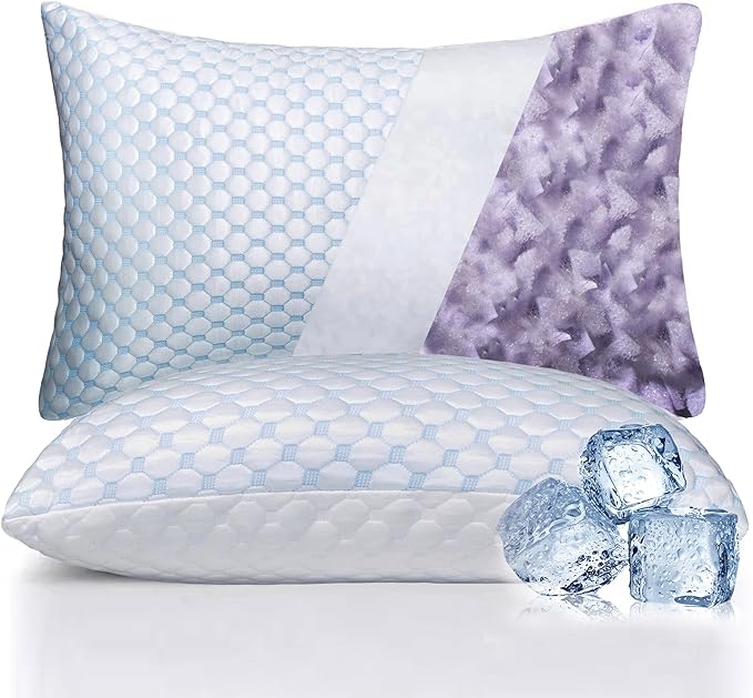 Premium Adjustable Shredded Memory Foam Pillow - Suitable for Side, Back, and Stomach Sleepers, with Cooling Fiber Machine Washable Cover (Standard-2PCS-Lavender)