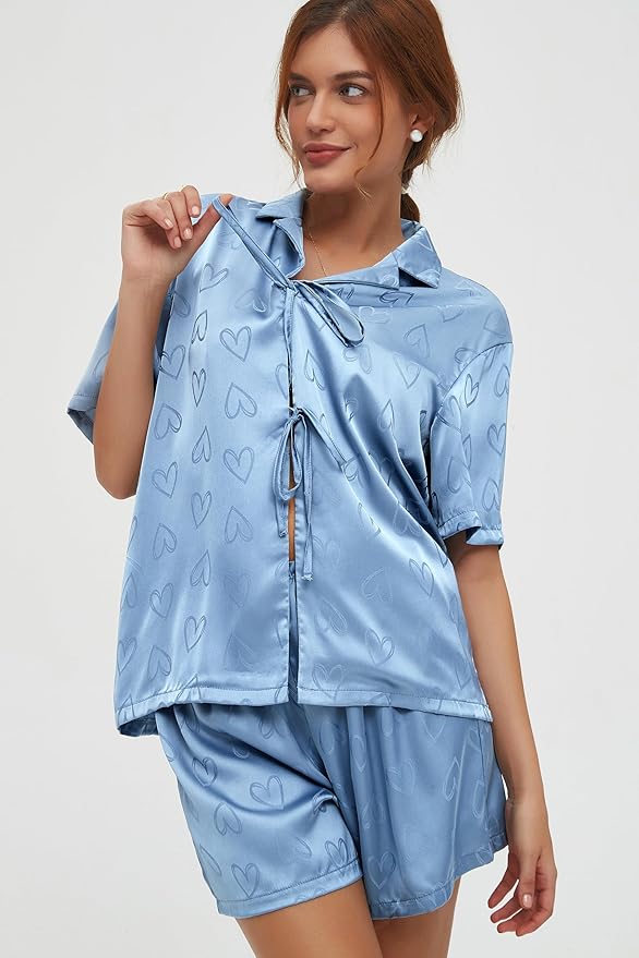 CHYRII Women's Silk Satin Pajamas Sets Tie Front Short Sleeve Tops and Shorts Two Piece Pj Sets Sleepwear