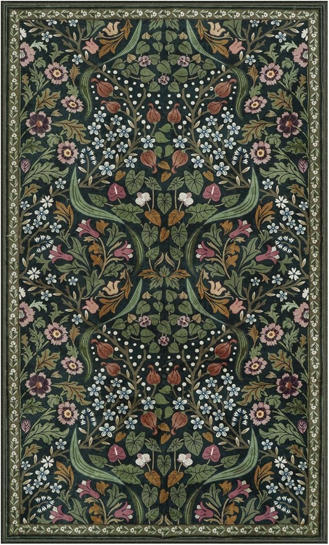 Lahome Claude Floral 3x5 Rugs for Entryway, Botanical Green Machine Washable Boho Throw Rugs for Entrance, Non-Slip Maximalism Stain-Resistant Soft Carpet for Bedroom, Kids Room, Dorm