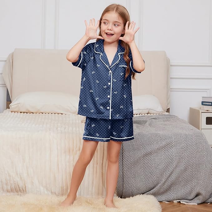 QPANCY Kids Satin Pajamas Sets Baby Boy Girl Button-Down Silk Sleepwear 2 Piece Short Sleeve Loungewear Clothes Set