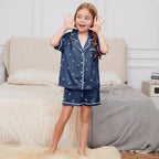 QPANCY Kids Satin Pajamas Sets Baby Boy Girl Button-Down Silk Sleepwear 2 Piece Short Sleeve Loungewear Clothes Set