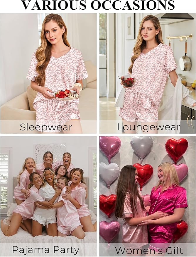 Silk Pajamas for Women Short Sleeve Satin 2 Piece Pj Set Soft V Neck Sleepwear Loungewear, S-XXL