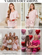 Silk Pajamas for Women Short Sleeve Satin 2 Piece Pj Set Soft V Neck Sleepwear Loungewear, S-XXL