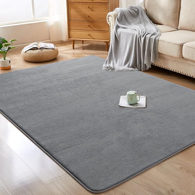 Softlife 4x6 Area Rug for Bedroom Living Room, Solid Grey Non-Slip Fluffy Carpet with Soft Low Pile for Kids Boys Girls, Machine Washable Fuzzy Aethetic Rugs Home Dorm Decor