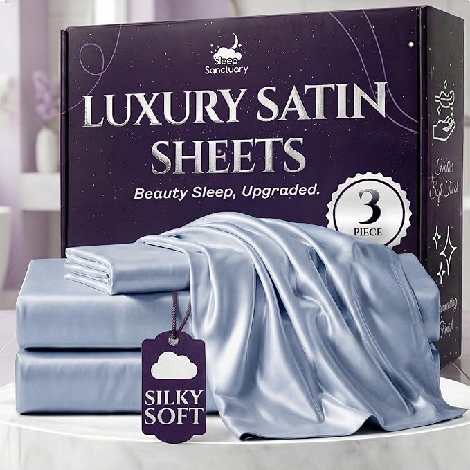 SLEEP SANCTUARY Satin Sheets Twin Size – 3 Piece Luxury Silky Bed Set, Softer Than Silk, 15" Deep Pocket, Cooling & Wrinkle-Free, Moisture-Wicking & Breathable for Hair & Skin (Baby Blue)