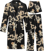 SWOMOG Mens 3 PCS Satin Robe with Pants & Shorts Set Kimono Bathrobe Long Sleeve Sleepwear Pjs Sets with Pockets