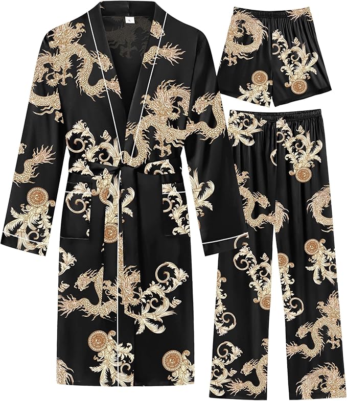 SWOMOG Mens 3 PCS Satin Robe with Pants & Shorts Set Kimono Bathrobe Long Sleeve Sleepwear Pjs Sets with Pockets