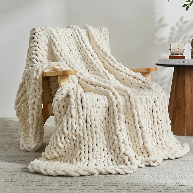 YAAPSU Chunky Knit Throw Blanket for Couch, 51"x63",100% Hand Knitted Thick Cable Knit with Cozy Jumbo Chenille Yarn, Soft Large Rope Knot Crochet Blankets for Sofa Bed Living Room Décor,Vintage White