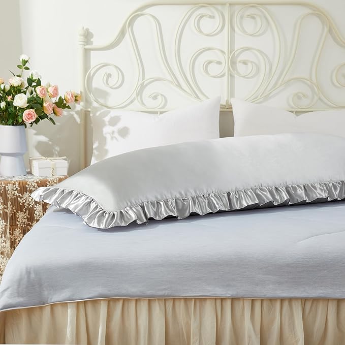 Light Gray Satin Pillowcases Body Pillow for Hair and Skin,Light Gray Body Pillow Silk Pillowcase with Envelope Closure Princess Room Decoration