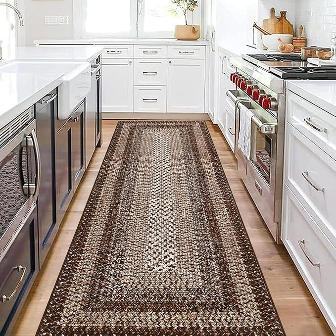 RUGSREAL 2x6 Boho Runner Rug Braided Print Hallway Area Rug Machine Washable Throw Floor Cover Non Slip Moroccan Runner Carpet for Kitchen Farmhouse Rustic Carpet for Living Room Bedroom, Brown