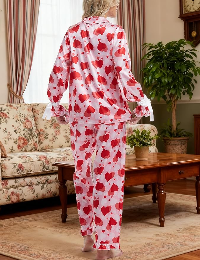 SWOMOG Womens Silk Satin Pajamas Set Long Sleeve Button Down Sleepwear 2 Piece Lounge Set Pj Set XS-3XL