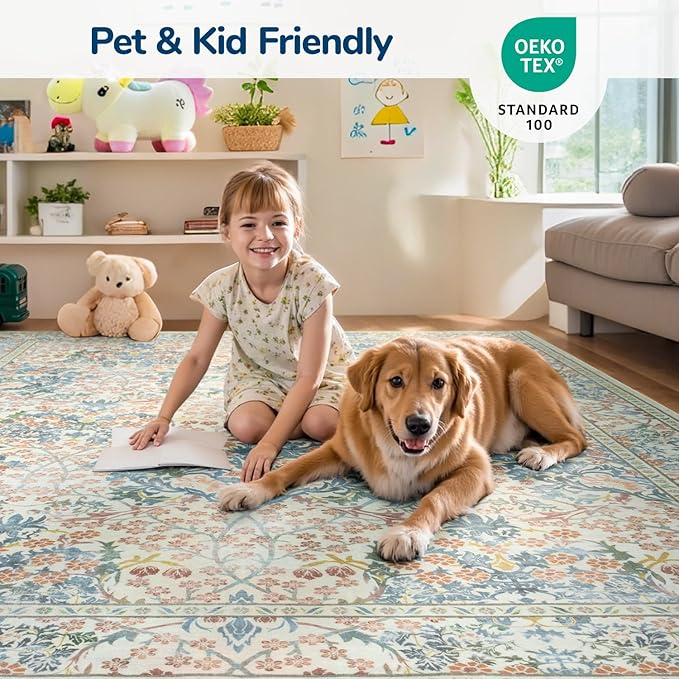 Lessymo Floral Living Room Rug 5x7 Area Rug, Vintage Forest Washable Rugs for Dining Room, Bedroom, Low Pile Non Slip Rubber Green Mat Indoor Boho Carpet for Large Entryway, Beige Brown