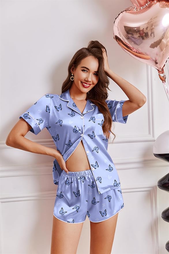 Ekouaer Womens Silk Satin Pajamas Short Sleeve PJS Shorts Set Soft Button Down Sleepwear 2 Piece Loungewear S-5XL