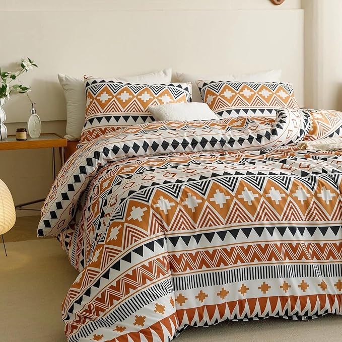 Luxlovery Aztec Orange Comforter Set Twin Boho Geometric Bedding Set Beige Black Multicolor Farmhouse Blanket Quilts Soft Rustic 3PCS Comforter Set