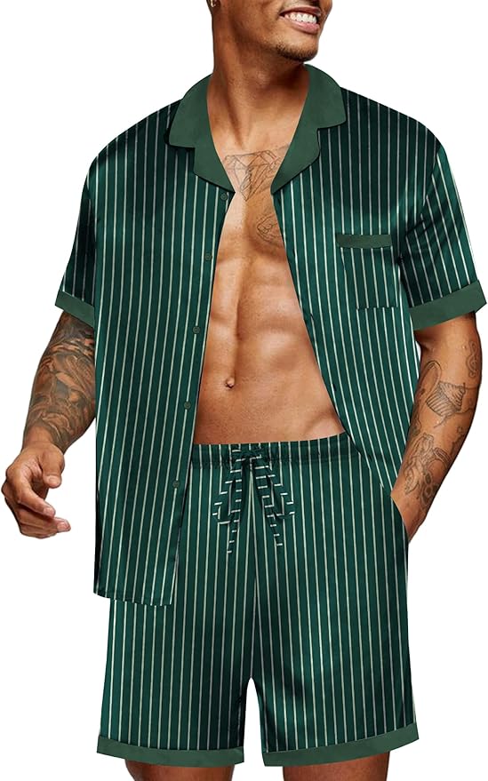 Ekouaer Men Satin Silk Pajamas Set with Pockets Sleepwear Shorts Satin Summer Loungewear 2 Piece Button Down Set S-3XL