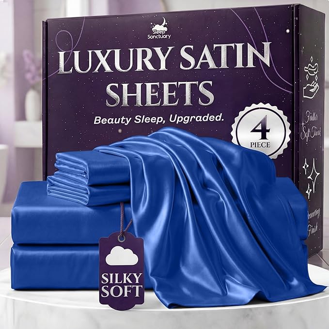 SLEEP SANCTUARY Satin Sheets Full Size – 4 Piece Luxury Silky Bed Set, Softer Than Silk, 15" Deep Pocket, Cooling & Wrinkle-Free, Moisture-Wicking & Breathable for Hair & Skin (Blue)