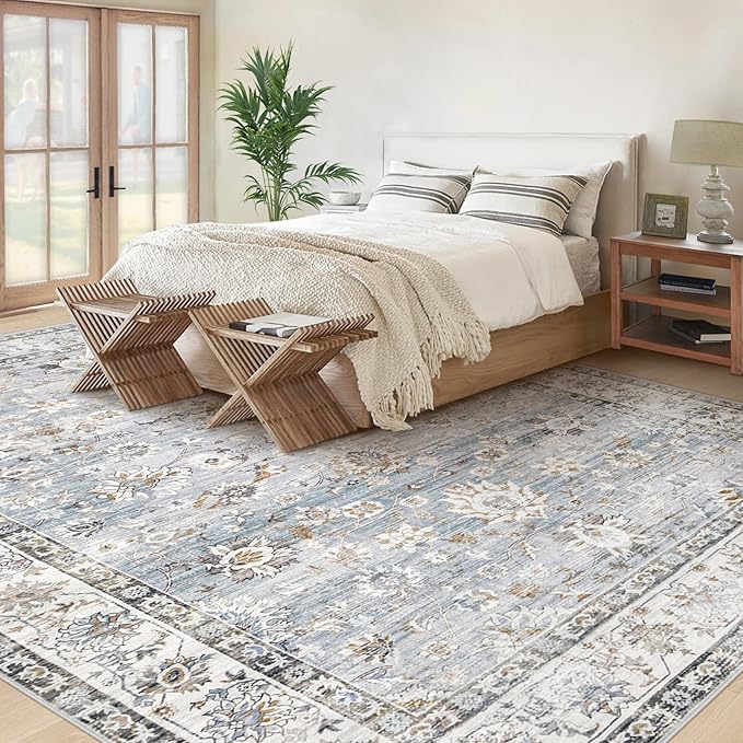XLUEZ Area Rug 10x12 Living Room Rugs, Machine Washable Vintage Distressed Boho Area Rug Non-Slip Soft Low Pile Large Indoor Rugs for Bedroom Kitchen Dining Room Office(Light Blue,10'x12')