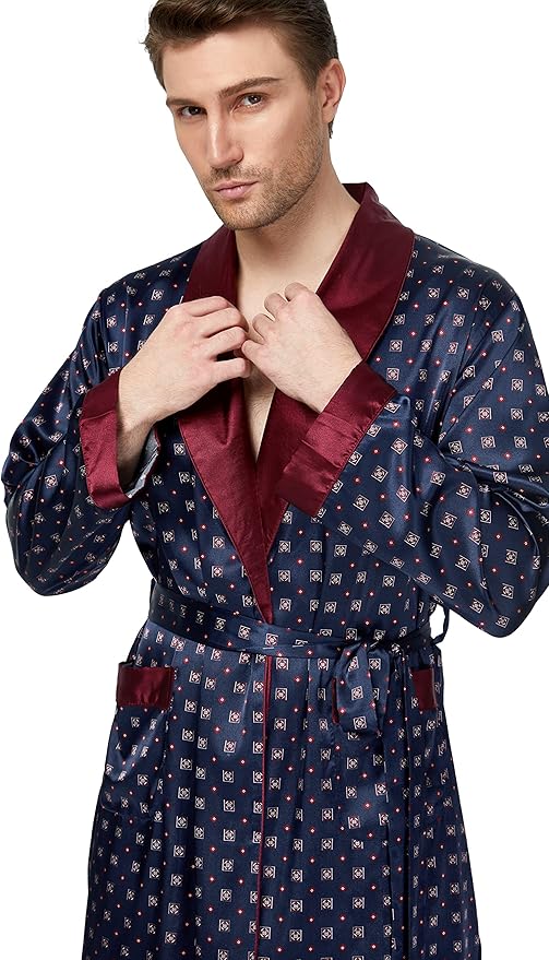 Tony & Candice Men's Satin Robe Lightweight Long Sleeve Silk Kimono Bathrobe with Shorts Set Sleepwear
