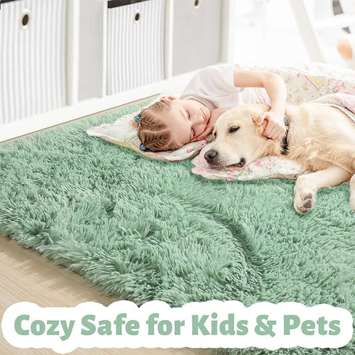 Amdrebio Sage Green Area Rugs for Living Room Bedroom Aesthetic, Fluffy Furry Rug 6x9 for Nursery, Teen Boys, Baby Kids Room Decor, Cute Shaggy Carpet for Playroom Dorm, Fuzzy Plush Light Mint Rug