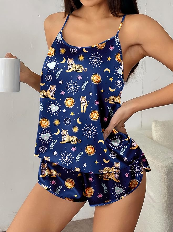 Ekouaer Silk Pajamas Set for Women Satin Backless Lingerie Pjs Cami Top and Shorts Nightwear