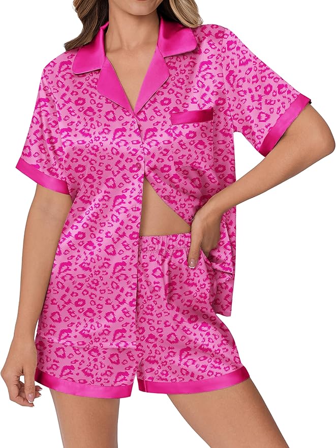 Ekouaer Womens Silk Satin Pajamas Set Animals Print Pjs Button Down Short Sleeve Lounge Set 2 Piece Sleepwear