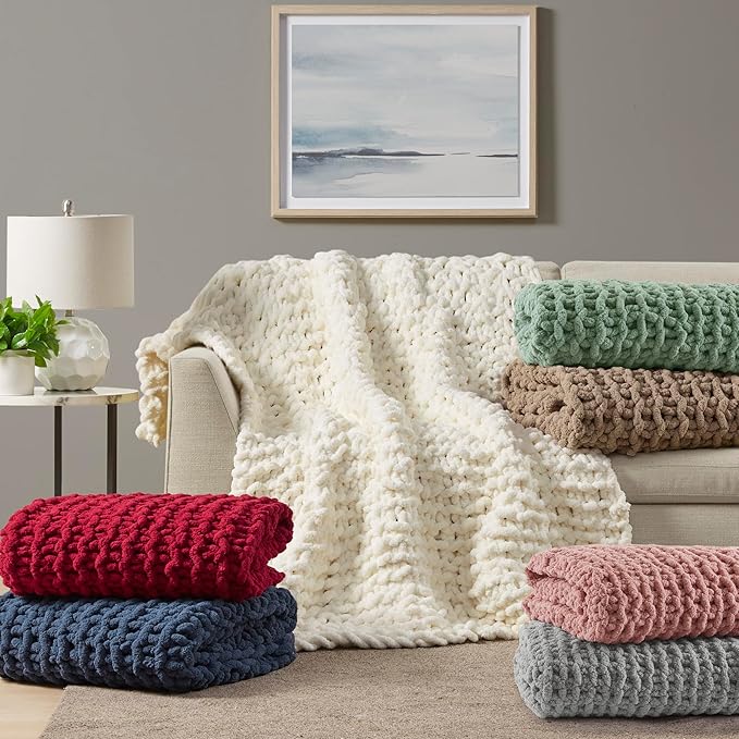 Madison Park Chenille Chunky Knit Handmade Throw Blanket, Luxuriously Soft Gift Blankets, Cottage Style Room Décor, Lightweight & Breathable All Seasons Throw Blanket for Couch, 50"W x 60"L Sage Green