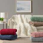 Madison Park Chenille Chunky Knit Handmade Throw Blanket, Luxuriously Soft Gift Blankets, Cottage Style Room Décor, Lightweight & Breathable All Seasons Throw Blanket for Couch, 50" W x 60" L Red