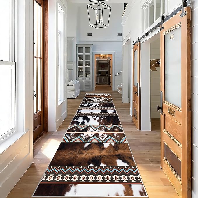 Western Cow Hide Kitchen Runner Rugs,2.6x7ft,Rustic Brown Cowprint Rugs,Southwestern Aztec Native American Rug,Faux Fur Animal Print Cabin Runner Rug,Soft Non-Slip for Bedside Hallway Entryway