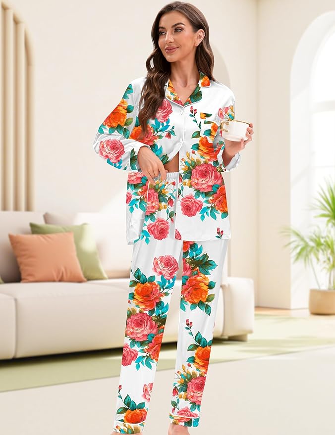 EPLAZA Silk Pajamas for Women Satin Pajamas Set 5 Pcs Long Sleeve Print Pattern Button Down Pjs Sleepwear Loungewear Set
