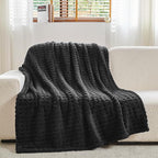 NEWCOSPLAY Super Soft Throw Blanket Black Premium Silky Flannel Fleece 3D Waffle Checkered Lightweight Bed Blanket All Season Use (Black, Throw(50"x70"))