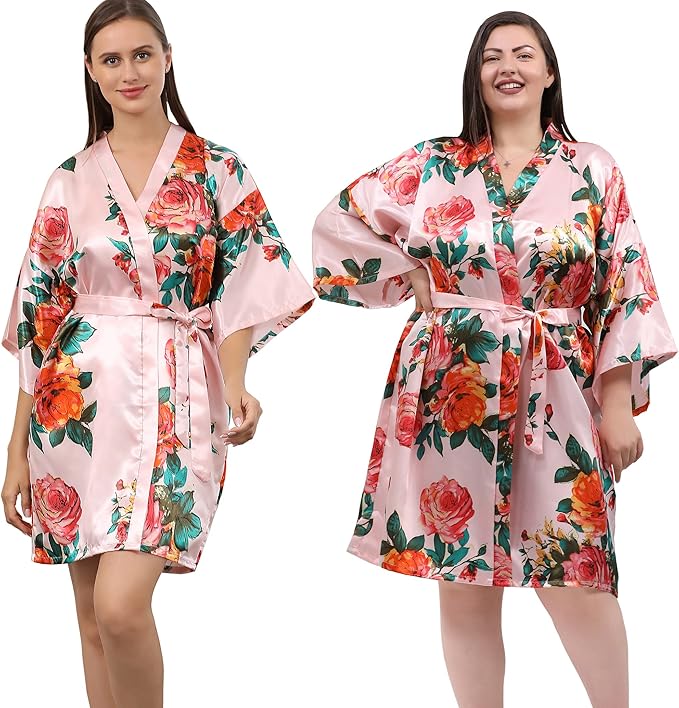 QXQTER Peony Floral Silky Satin Robe Wedding Bridal Party Bride Bridesmaid Robes for Women Dressing Gown Kimono Robe