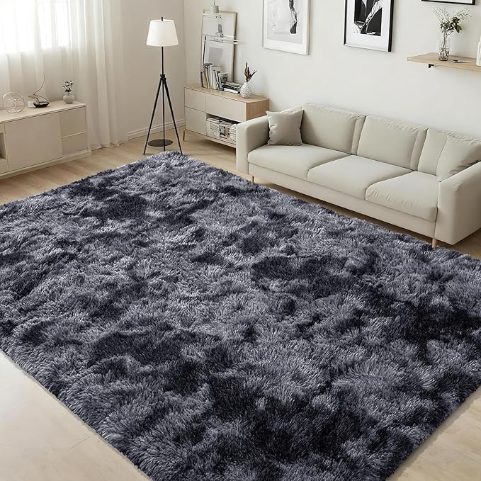 ISEAU Area Rugs 6x9 Feet for Living Room Rugs, Ultra Soft Fluffy Rugs for Bedroom, Non-Slip Modern Large Shag Bedroom Rug, Carpet for Living Room Home Decor, Tie-Dyed Dark Grey