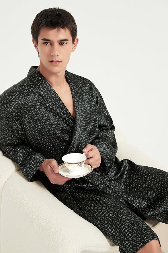 Men's 100% Mulberry Silk Long Robe Kimono Paisley Print Bath Robe, Heavy Silk 19 Momme Dressing Gown