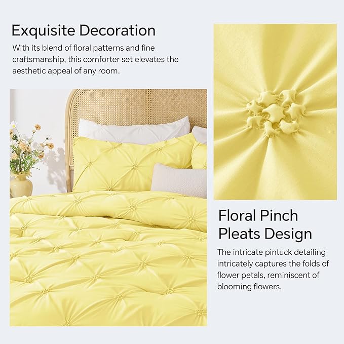 BEDELITE Light Yellow Queen Comforter Set - 3 Pieces Boho Pintuck Bedding Comforter Sets, Lightweight Soft & Warm Bed Comforter Queen with 2 Pillowcases for All Season